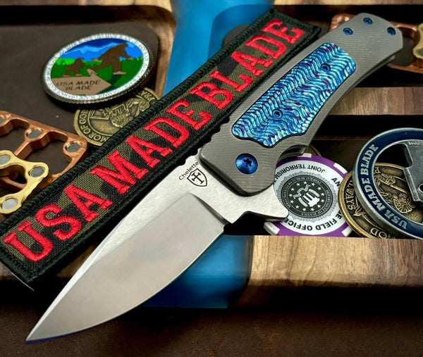 Chelette Custom Knives Gur Full Ti S30V Timascus Inlay Blue Ti Hardware