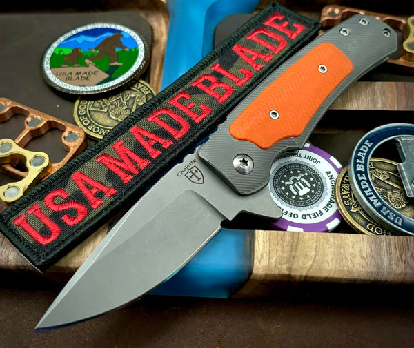 Chelette Custom Knives Gur Full Ti S30V Orange G10 Inlay Ti Hardware