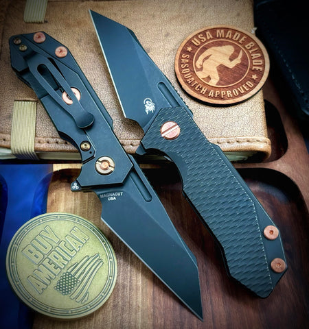 Wharnie Hinderer Half Track Gen 2 Full Ti Battle Black Handles with Battle Black Magnacut Blade Copper and Bronzed Out HW - USA MB