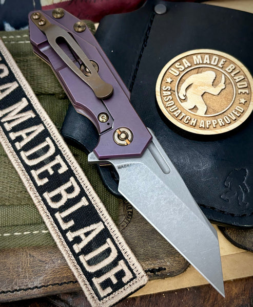High Res Battle Purple Wharnie Hinderer Half Track Gen 2 Coyote G10 Anodized Working Finish Ti with Working Finish Magnacut Blade and Bronzed Out HW