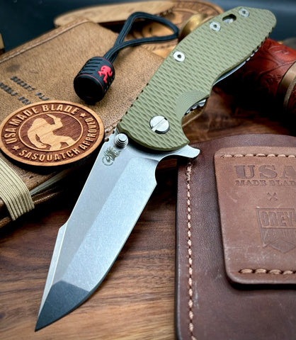 Hinderer XM-18 3.5 Harpoon Spanto Stonewashed Ti OD Green G10 Stonewashed Magnacut Blade