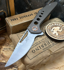 NK&T Custom Hydra Framelock with 5/32 Magnacut Blade Jaeco Finish, Bronze Ti  Speedhole Handles, Bronze Ti Hardware and Copper Pivot Collar