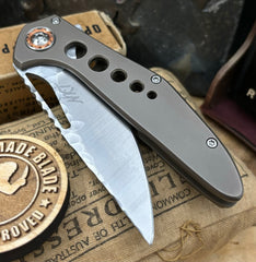 NK&T Custom Hydra Framelock with 5/32 Magnacut Blade Jaeco Finish, Bronze Ti  Speedhole Handles, Bronze Ti Hardware and Copper Pivot Collar