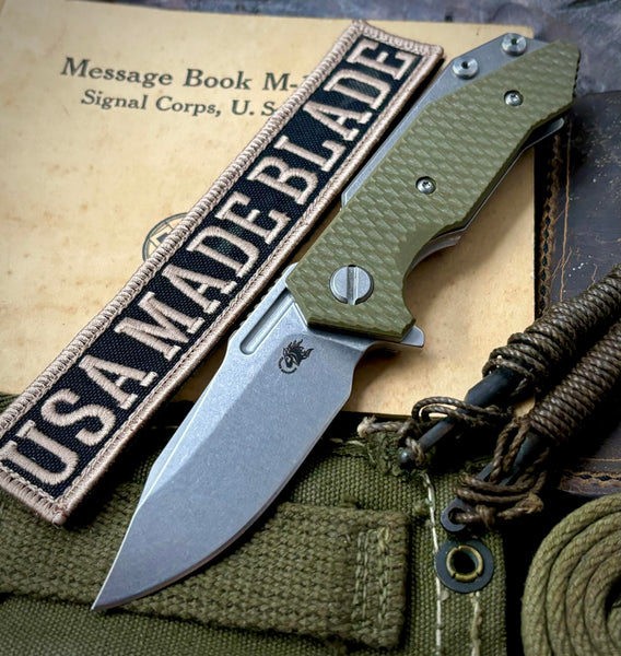 Bowie Hinderer Half Track Gen 2 OD Green G10 Stonewashed Ti and Stonewashed S45VN Blade