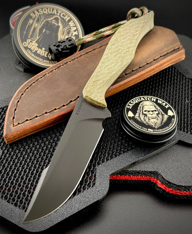 Koenig HELO Fixed Blade with Black DLC Magnacut Blade OD Green Micarta Handles and Leather Sheath   HELO731 - USA MB