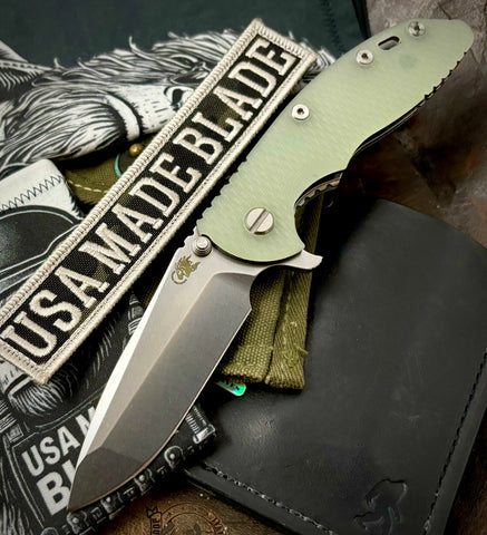Hinderer XM-18 3.5 Liner Lock Spanto Stonewashed Ti Liners Translucent Green G10 Stonewashed 20CV Blade