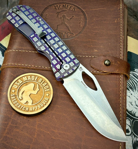 Worn In Flats McNees Knives Dixon Full Ti  Worn Flats Atomic Blurple Frag Ti with 3.75" Magnacut Satin Stonewashed Blade and Satin Hardware