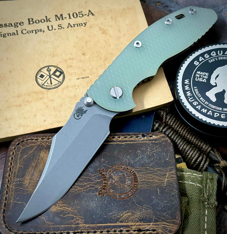 Hinderer XM-18 3.5 Non Flipper Bowie Battle Bronze Ti Translucent Green G10 Working Finish S45VN Blade