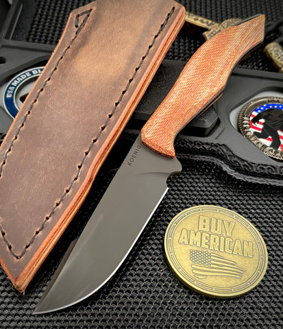 Koenig HELO Fixed Blade with Black DLC Magnacut Blade Natural Micarta Handles and Leather Sheath   HELO721
