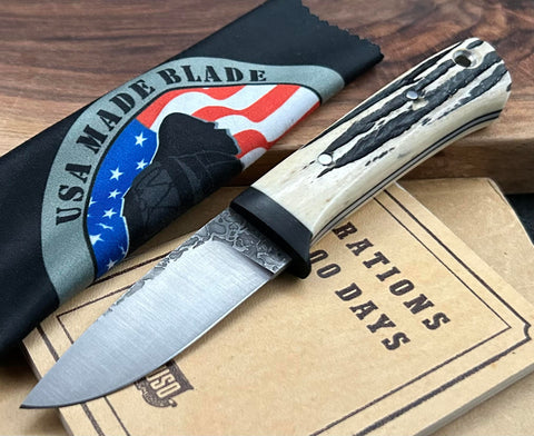 W.A. Surls Knives Notley Jigged Stag Bone Handles, Ground Black Canvas Guard, Tapered Tang and 1/8 A2 Hollow Ground Blade - USA MB