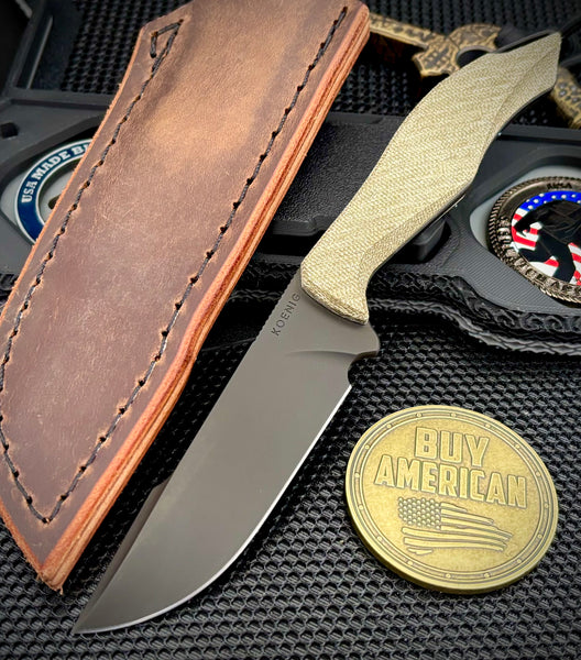 Koenig HELO Fixed Blade with Black DLC Magnacut Blade OD Green Micarta Handles and Leather Sheath   HELO731