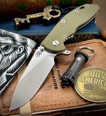 Hinderer XM-18 3.5" Hollow Ground Slicer Working Finish Ti OD Green G10 Magnacut Stonewashed Blade