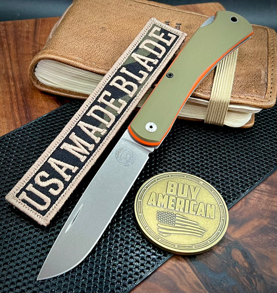 White River Knives Mudbug Lockback with Magnacut Blade and OD Green Handles and Orange Liner