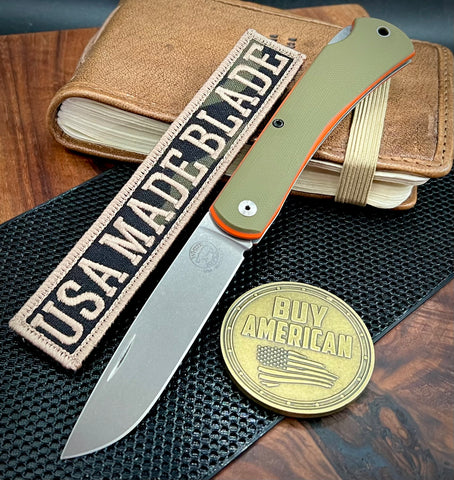White River Knives Mudbug Lockback with Magnacut Blade and OD Green Handles and Orange Liner