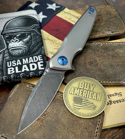 Spartan Blades Pandia Full Ti Flipper with Chad Nichols Damascus Blade and Blue Ti Hardware