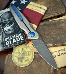 Spartan Blades Pandia Full Ti Flipper with Chad Nichols Damascus Blade and Blue Ti Hardware