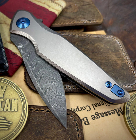 Spartan Blades Pandia Full Ti Flipper with Chad Nichols Damascus Blade and Blue Ti Hardware