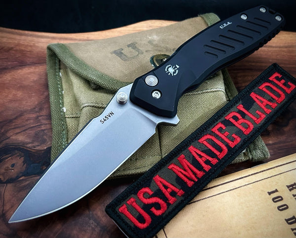 Pallas from Spartan Blades Black Aluminum and Stonewashed Blade (S45VN)