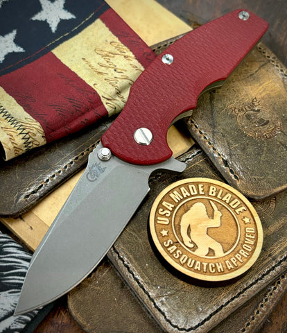 Hinderer Jurassic Slicer Red G10 Battle Bronze Ti Magnacut Working Finish Blade