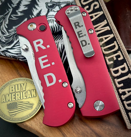 Defiant-7 Talos Button R.E.D. (Remember Everyone Deployed) Magnacut Blade and Red Hardcoat Anodized Aluminum Handles