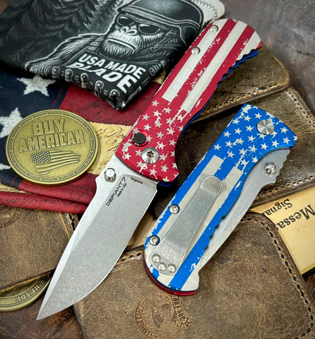 Defiant-7 Talos Button Lock Battled Stars & Stripes with Magnacut Blade and Red/Blue Hardcoat Anodized Aluminum Handles