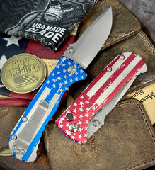Defiant-7 Talos Button Lock Battled Stars & Stripes with Magnacut Blade and Red/Blue Hardcoat Anodized Aluminum Handles