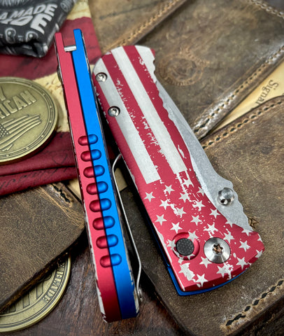 Defiant-7 Talos Button Lock Battled Stars & Stripes with Magnacut Blade and Red/Blue Hardcoat Anodized Aluminum Handles