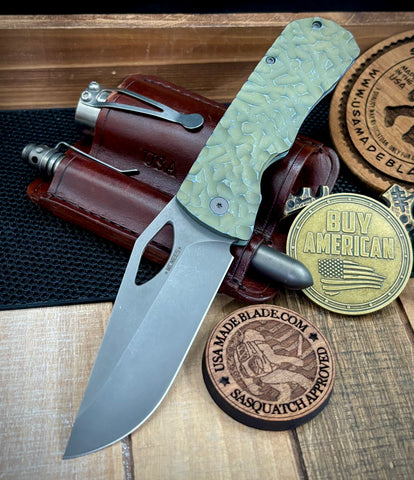 McNees Knives Dixon Atomic Green/Blue Rock Mill Ti with 3.75" Magnacut Stonewashed Blade and Stonewashed Ti Hardware