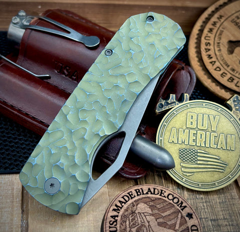 McNees Knives Dixon Atomic Green/Blue Rock Mill Ti with 3.75" Magnacut Stonewashed Blade and Stonewashed Ti Hardware