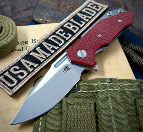 Bowie Hinderer Half Track Gen 2 Red G10 Stonewashed Ti and Stonewashed S45VN Blade