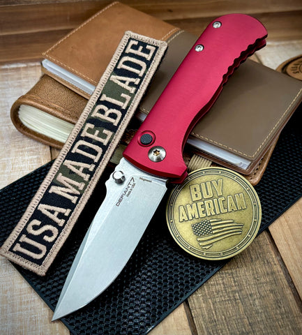 Defiant-7 Talos Button Lock with Magnacut Blade and Red Hardcoat Anodized Aluminum Handles