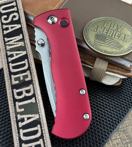 Defiant-7 Talos Button Lock with Magnacut Blade and Red Hardcoat Anodized Aluminum Handles
