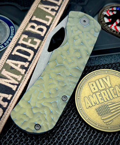 McNees Knives Little Dixon Atomic Green/Blue Rock Mill Ti with 3.25" Magnacut Stonewashed Blade and Stonewashed Ti Hardware