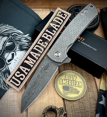 Defiant-7 Servo Diamond Textured Full Ti with Nichols Stainless Black Rain Damascus Sheepsfoot Blade - USA MB