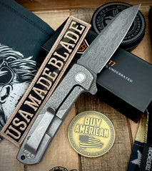 Defiant-7 Servo Diamond Textured Full Ti with Nichols Stainless Black Rain Damascus Sheepsfoot Blade - USA MB