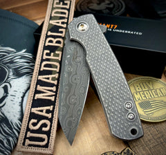Defiant-7 Servo Diamond Textured Full Ti with Nichols Stainless Black Rain Damascus Sheepsfoot Blade - USA MB