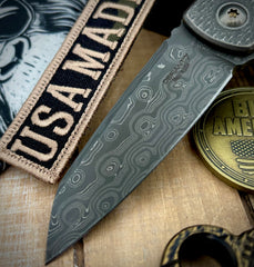 Defiant-7 Servo Diamond Textured Full Ti with Nichols Stainless Black Rain Damascus Sheepsfoot Blade - USA MB