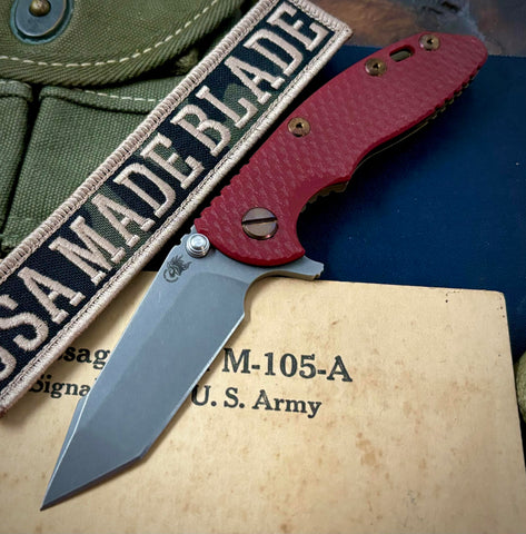 Battled Stars & Stripes Hinderer XM-18 3.0" Harpoon Tanto Battle Bronze Ti Red G10 Working Finish S45VN Blade Bronzed Out HW Coppere Sqauatch Filler Tab