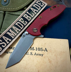 Battled Stars & Stripes Hinderer XM-18 3.0" Harpoon Tanto Battle Bronze Ti Red G10 Working Finish S45VN Blade Bronzed Out HW Coppere Sqauatch Filler Tab