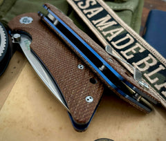 Southern Grind Spider Monkey Natural Micarta Scales Tumbled Satin Drop Point S35VN Blade Blue Anodized Titanium Liners