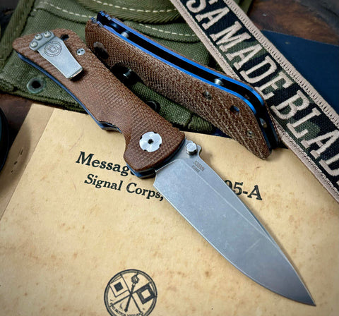 Southern Grind Spider Monkey Natural Micarta Scales Tumbled Satin Drop Point S35VN Blade Blue Anodized Titanium Liners