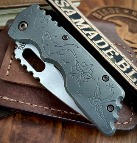 A2D Mark 2 Medium Satin Drop Point-Rising Grind Magnacut Blade Sailor Jerry Ti on Washers