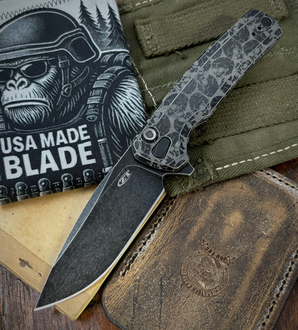 ZT0044BW Skull Pattern Full Ti Blackwash Button Lock Flipper S45VN
