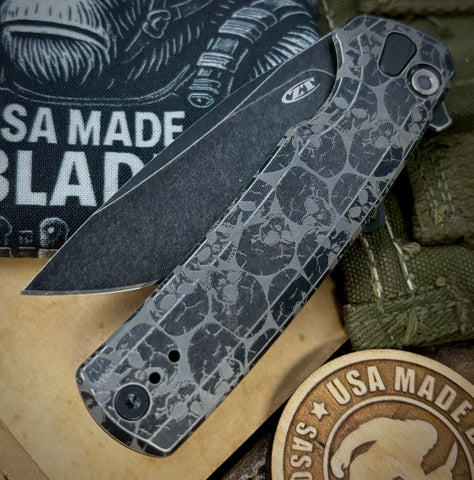 ZT0044BW Skull Pattern Full Ti Blackwash Button Lock Flipper S45VN