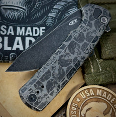ZT0044BW Skull Pattern Full Ti Blackwash Button Lock Flipper S45VN