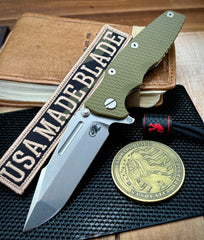Hinderer Eklipse 3.5" Skinny Fullered Harpoon Spanto OD Green G10 Stonewashed Ti Stonewashed Magnacut Blade - USA MB