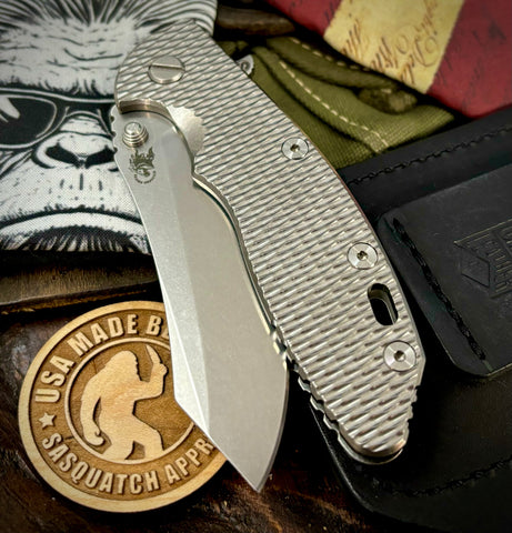 Hinderer XM-18 3.5" Skinny Skinner Textured Ti Stonewashed Presentation side smooth Stonewashed lockside Magnacut Stonewashed Blade