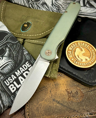 Shipwreck Green Rockwall Flipper with Magnacut Blade Countoured Ti Handles with bronze ti hardware from Tactile Knife Co.