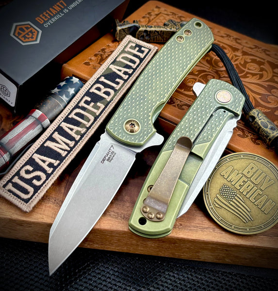 Defiant-7 Servo with customized Antique Green Diamond Textured Full Ti Handles Sheepsfoot Magnacut Blade and Bronzed Out HW