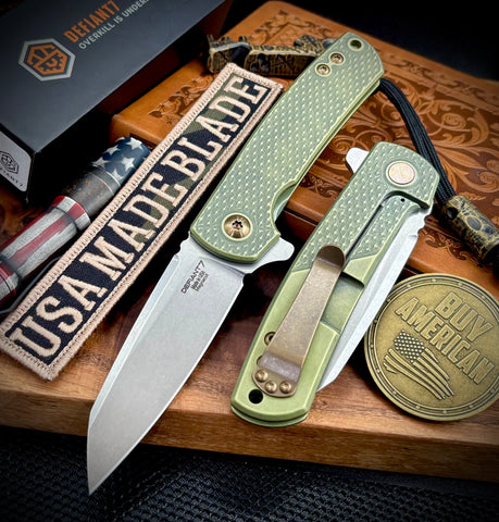 Defiant-7 Servo with customized Antique Green Diamond Textured Full Ti Handles Sheepsfoot Magnacut Blade and Bronzed Out HW